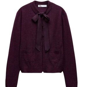 ZARA Plum Bow Half Closure Cardigan Size Medium